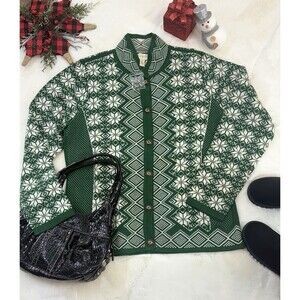 Vitange Appleseeds Sz L green ivory fair isle Nordic button up soft ca…